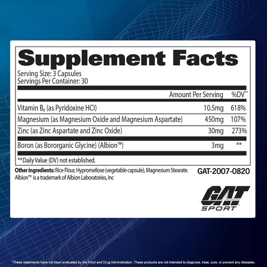 GAT Sport ZMAG-T Vitamin Mineral Recovery Capsules 30 Servings Supplement Facts - Magnesium 450mg | Svpplements