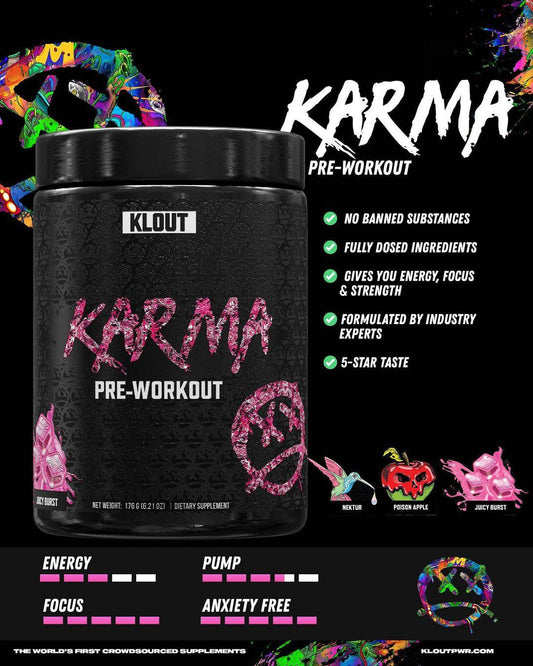 Klout KARMA Focus Pre-Workout Powder 20 Servings Supplement Facts - L-Citrulline 2500mg | Svpplements