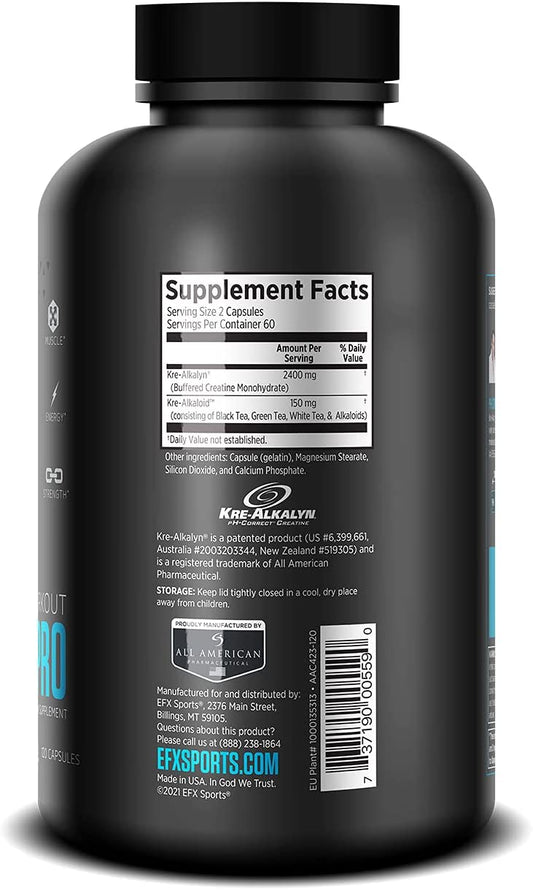 EFX Sports Kre-Alkalyn Pro Pre-Workout Creatine Capsules 60 Servings Supplement Facts - Kre-Alkalyn® 1.5g | Svpplements