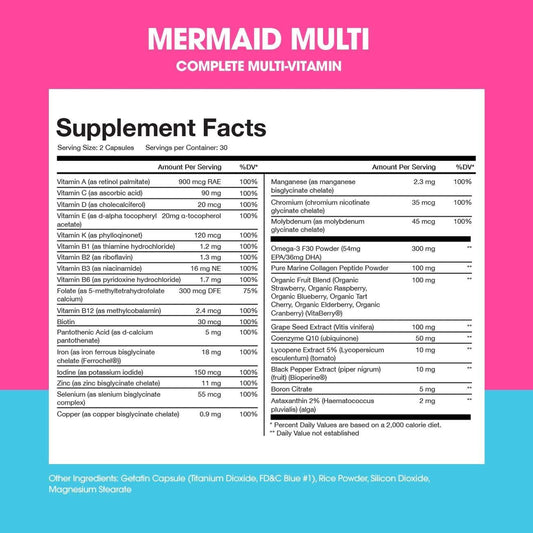 Obvi Mermaid Multi Women's Multivitamin Capsules 30 Servings Supplement Facts - Ferrochel® Iron 18mg | Svpplements