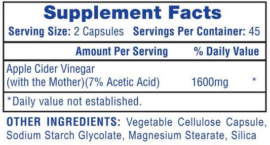 Hi-Tech Pharmaceuticals Apple Cider Vinegar Capsules 45 Servings Supplement Facts - Apple Cider Vinegar 1600mg | Svpplements
