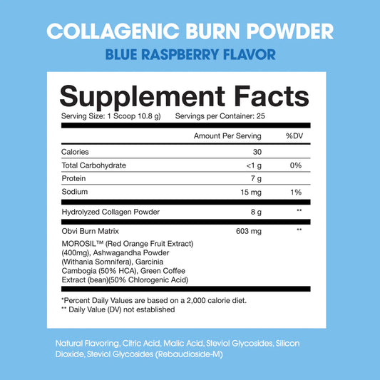 Obvi Collagenic Burn Fat Burner Powder 25 Servings Supplement Facts - Caffeine Anhydrous 120mg | Svpplements