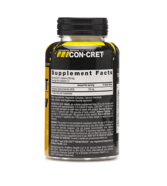CON-CRET Creatine HCl Capsules 72 Servings Supplement Facts - Creatine Hydrochloride (HCl) 750 mg | Svpplements