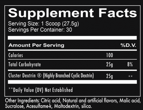 REDCON1 Cluster Bomb Intra Workout Carbohydrate Powder 30 Servings Supplement Facts - Cluster Dextrin® 25g | Svpplements