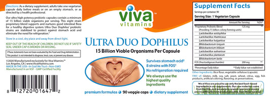 Viva Ultra Duo Dophilus Probiotic Capsules 30 Servings Supplement Facts - Multi-strain probiotic blend 15 | Svpplements