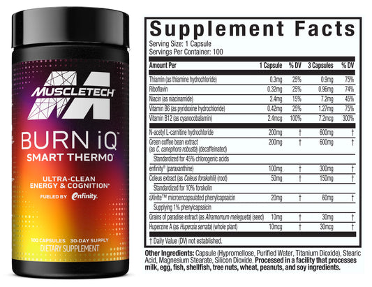 Muscletech Burn IQ Fat Burner Capsules 100 Servings Supplement Facts - enfinity 100mg | Svpplements